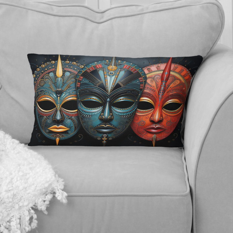 Red African Masks III - Coussin imprimé avec masque africain, Rectangulaire, 12" x 20"