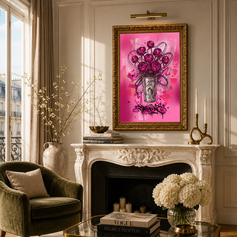 Art mural sur toile, fond de graffiti, pivoines roses en argent, 30"H x 20"W