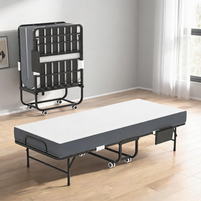 75 Inch Twin Folding Rollaway Guest Bed Heavy Duty Metal Jet Black with 5 Inch Memory Foam Mattress