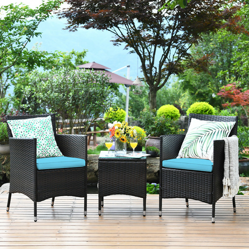 Ensemble de conversation en rotin pour patio avec coussins de 3 pièces Ailith, Bleu