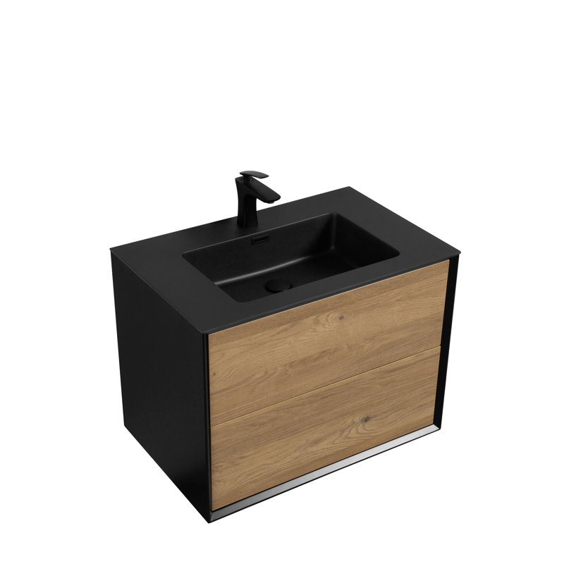 Danyall 30 po L x 19 po P 2 tiroirs Meuble-lavabo avec évier simple et Comptoir en Quartz noir d'ingénierie