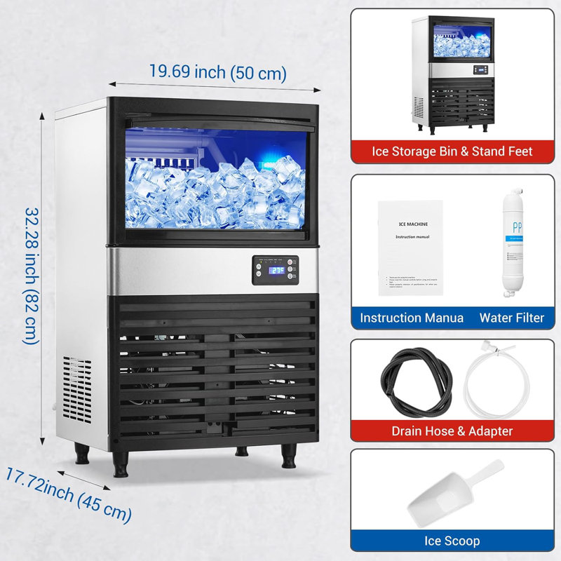 110lbs/24H Stainless Steel Commercial Ice Maker with 27lb Storage, LCD Control Panel & Auto-Cleaning – Perfect for Restaurant, Bar, Cafe