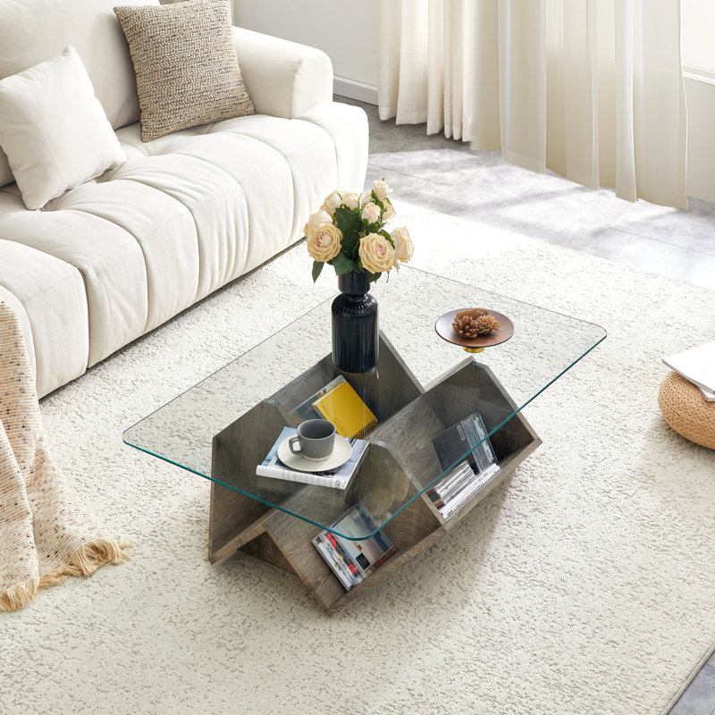 Table basse 43,5 "rectangulaire en verre trempé avec base de rangement géométrique, bois flottant, Driftwood