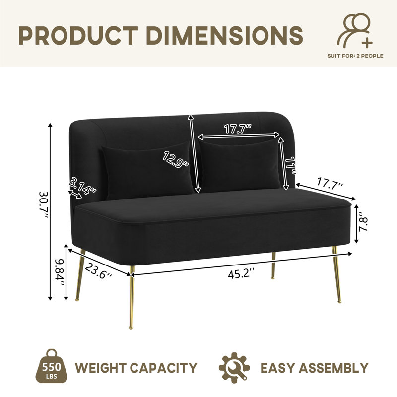 High-end 2-Seater Velvet Loveseat Couch With Pillows For Living Room, Black