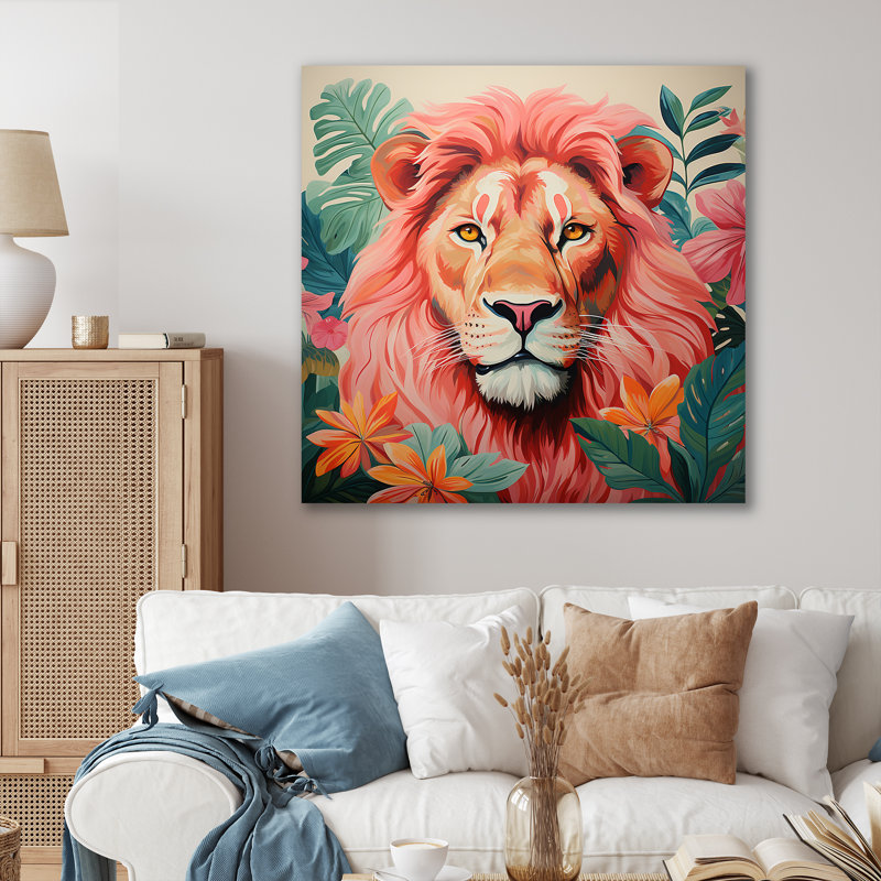 Décoration murale lion rose et vert en forêt I - Lion, Toile tendue, H 30 po x l 30 po x P 1,5 po