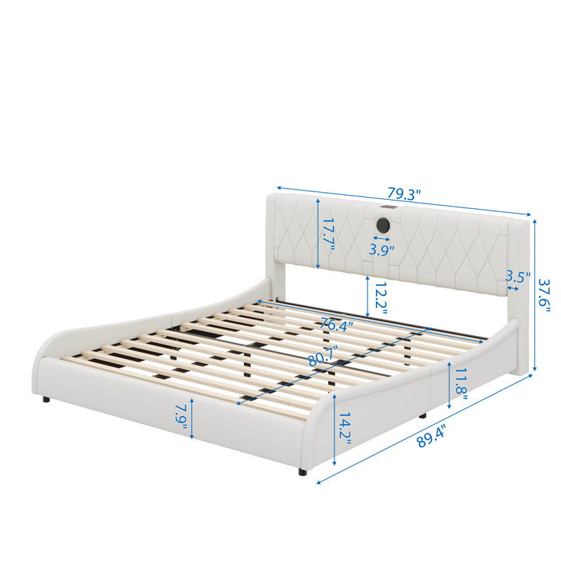 Lit plateforme tapissier opulent en similicuir avec tête de lit épaisse, haut-parleurs Bluetooth intégrés et éclairage à DEL RVB