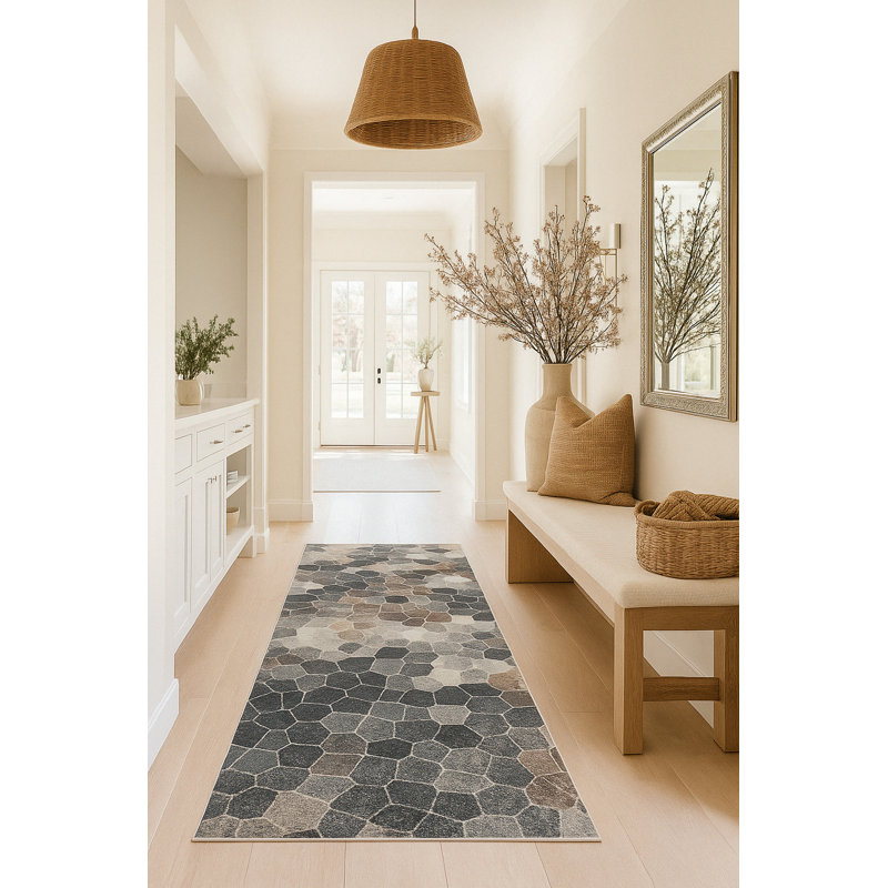 Rug Branch Joni 2' x 7' (2'3" x 7')  Grey/Beige Stone Mosaic Indoor Runner Rug, Contemporary, Low Pile, Stain-Resistant Hallway Carpet - Entryway, Mudroom, Bedroom, and Kitchen