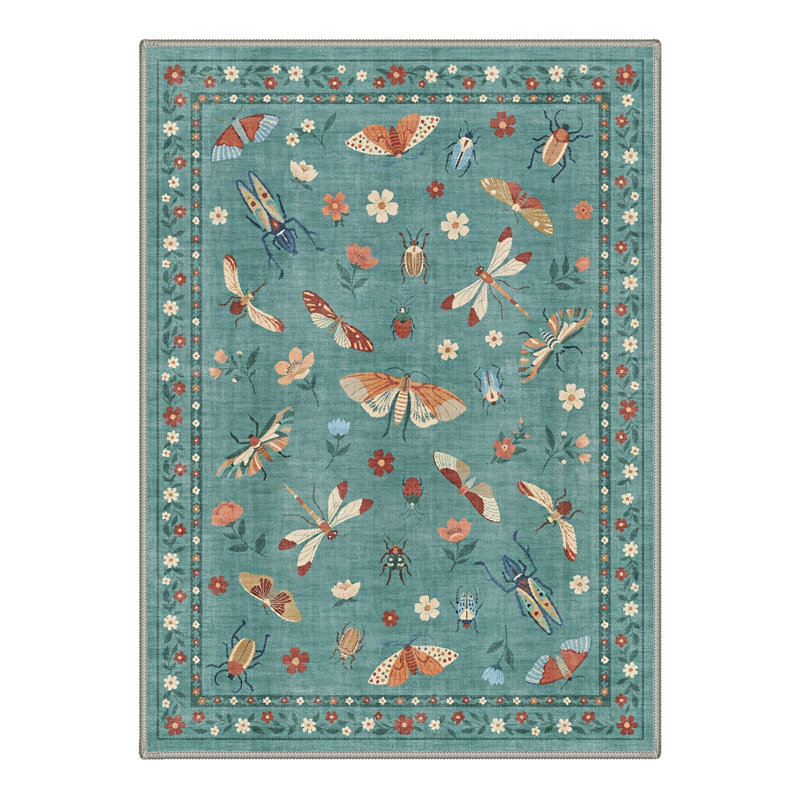 Vespera Floral Machine Washable Blue Indoor Area Rug with Non-Slip Backing, Round 5'