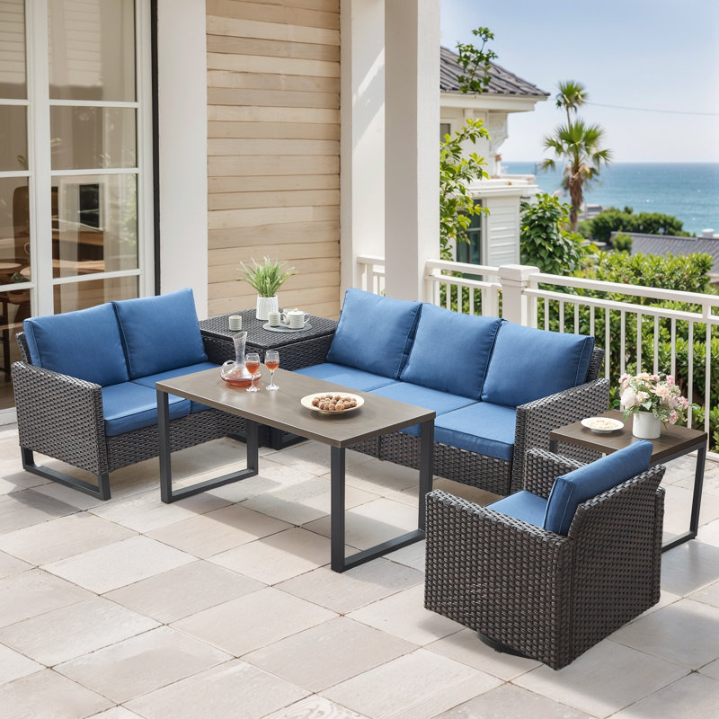 Ingvald 6 Person Outdoor Patio Wicker Conversation Set Group With Swivel Chairs, Bleu