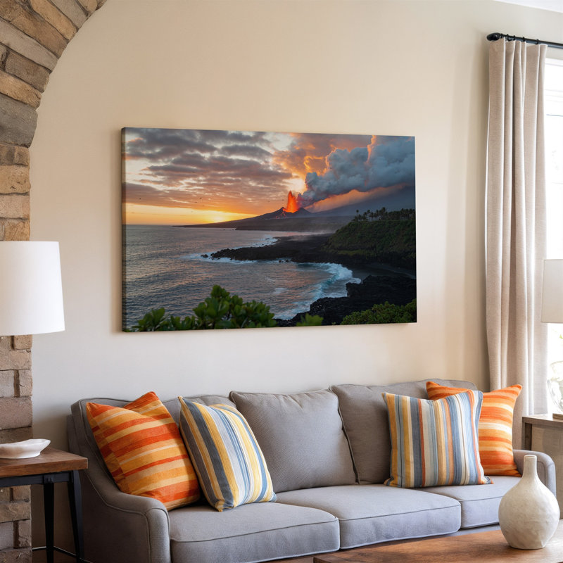 Toile, paysage volcanique dramatique au coucher du soleil, mettant en vedette un volcan en éruption d'art avec une lave orange éclatante en cascade