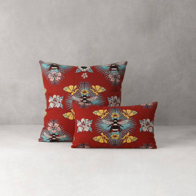 Tropical Bee Lumbar Indoor / Outdoor Pillow Cover & Insert, Red/Black