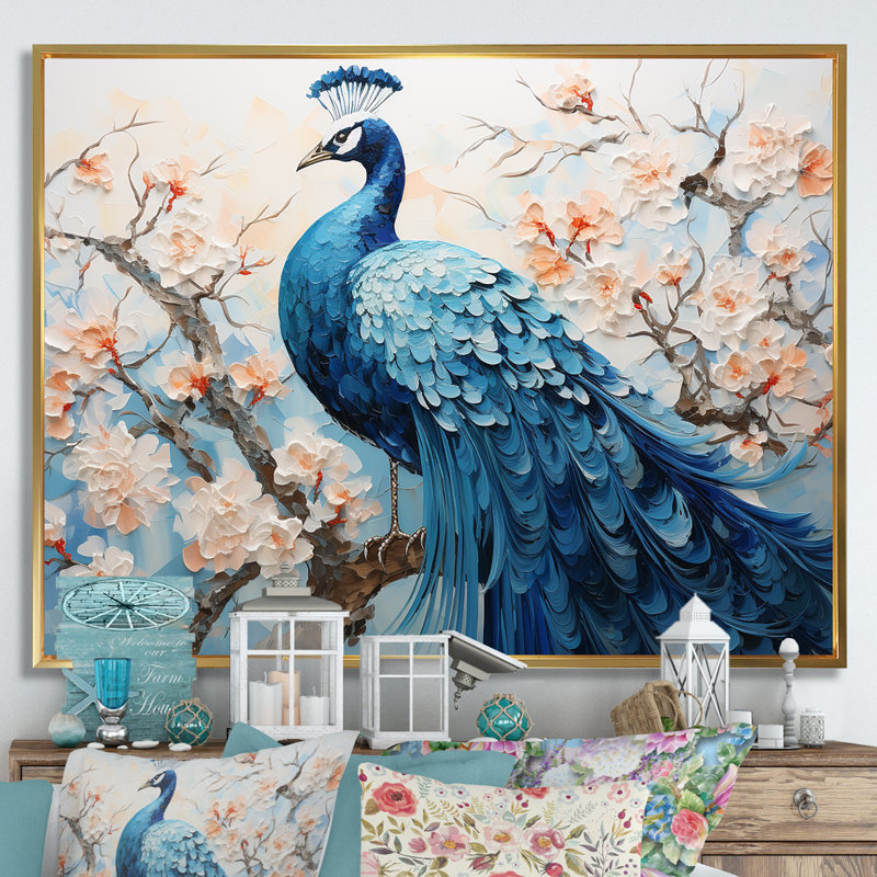 «Flower Peacocks Vibrant» sur toile, Cadre flottant doré, H 34 po x l 44 po x P 1,5 po