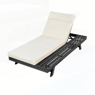 Set of 1  Lounge Chaise With Headrest, Adjustable Reclining, Acacia Wood In Black, Water-Resistant Cushions For Outdoor Comfort