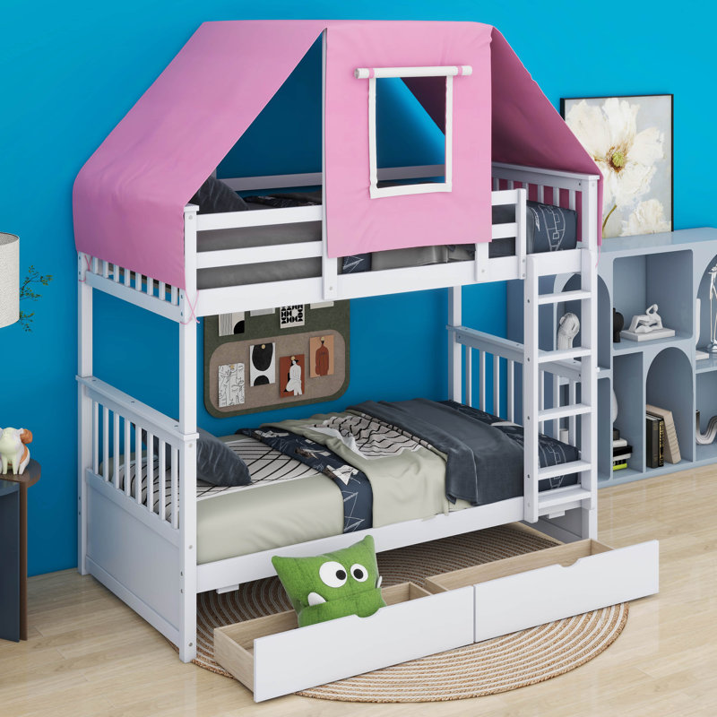Lit superposé simple au-dessus de simple avec tiroirs pour enfants, Blanc, Rose