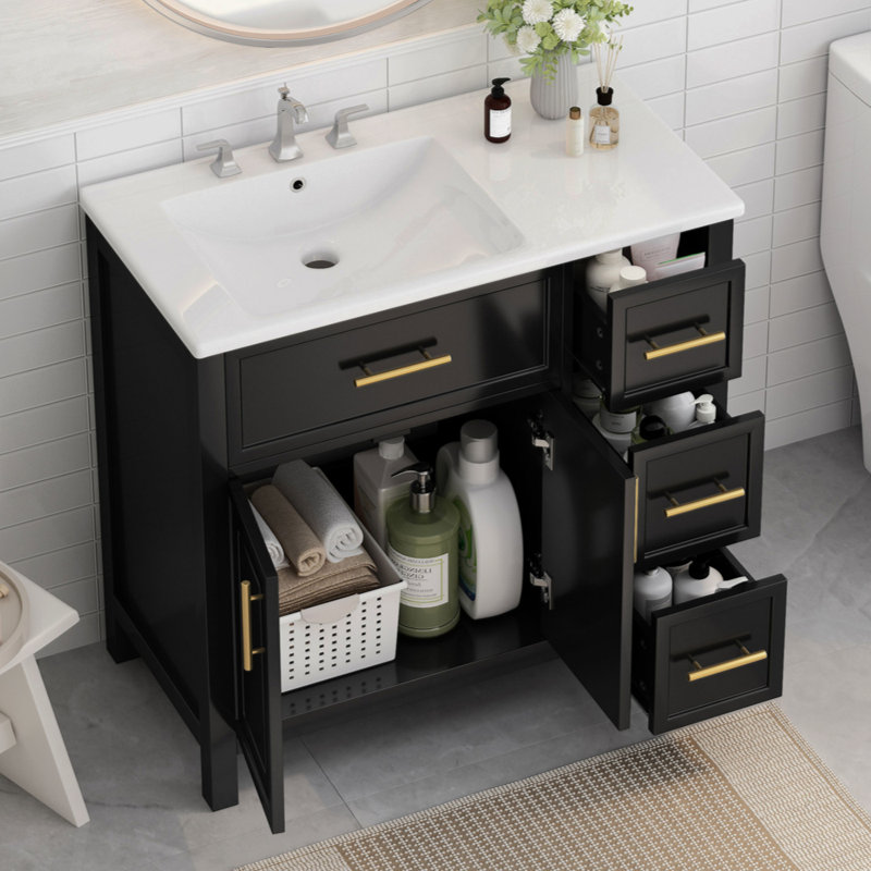 Meuble-lavabo avec comptoir d'évier, meuble-lavabo avec 2 portes et 3 tiroirs, Noir, noir, noir, noir