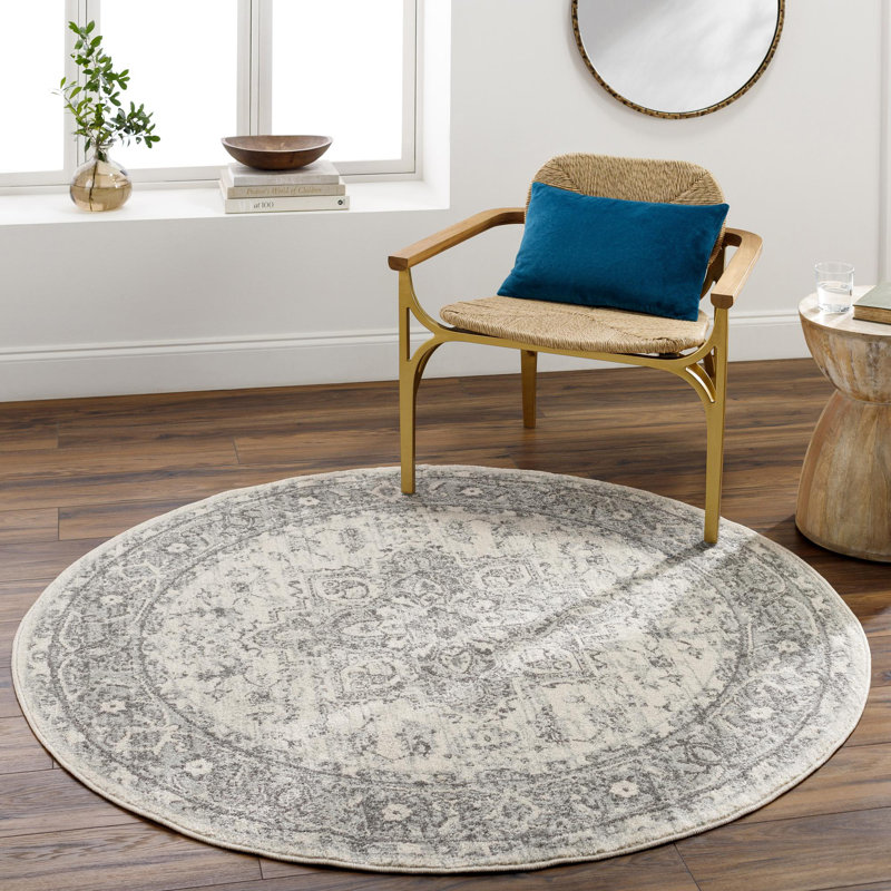Oriental Charcoal/Light Beige Area Rug, Round 5'3"