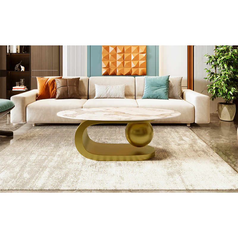 Table basse moderne ovale pour le salon, plateau de table en pierre frittée à motif marbré avec base en acier inoxydable doré de 47,2 po