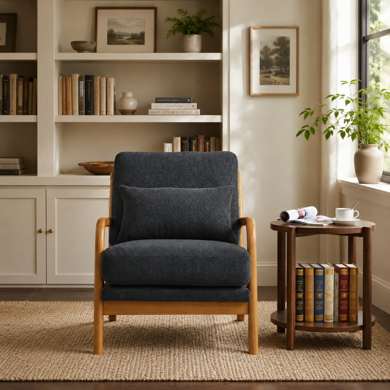 Fauteuil d'appoint texturé rembourré avec structure en bois massif et coussin lombaire, Gris foncé