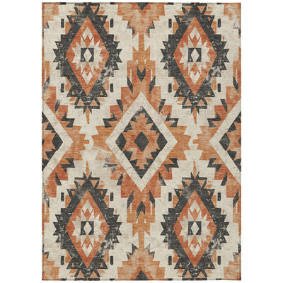 Machine Washable Indoor/Outdoor Xhevrie Terracotta Rug