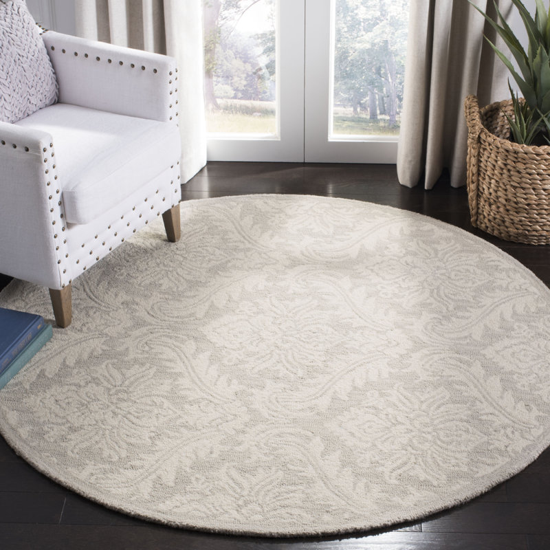 Preas Micro-Loop Hand Tufted Wool Floral Rug, Round 5'