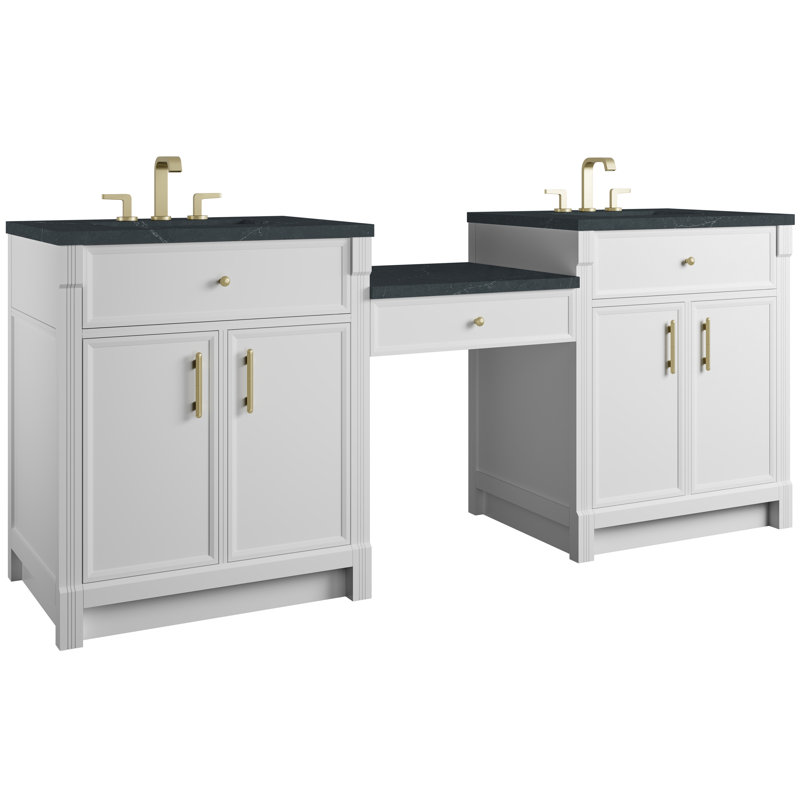 Bellshire 84" W Dual Vanity Set with 24" Make-Up Counter, Bright White, Charcoal Soapstone, 8" Widespread
