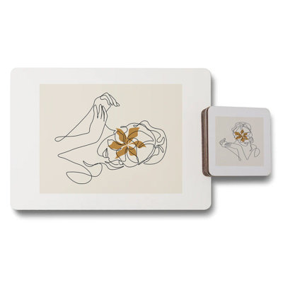 12 Piece Placemat And Coaster Set With Floral Line Art And Wood Bottom
