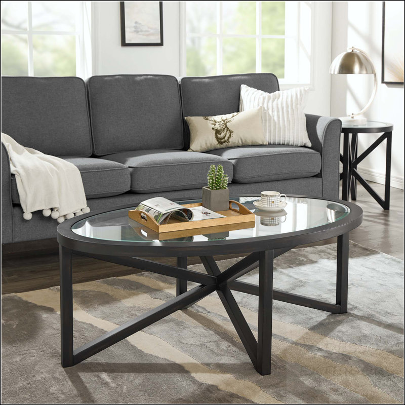 Table basse ronde en verre trempé avec base en bois massif