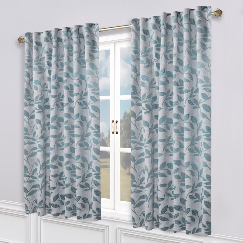Teal Polyester Blackout Curtains with Leaf Pattern, 52" x 63"