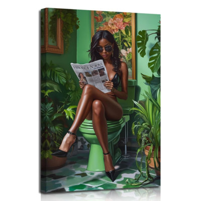 Art africain noir américain, femme noire, lecture sur toile, impression sur toile, peinture botanique verte pour les filles à la mode (vert, 36 L x 24 l)