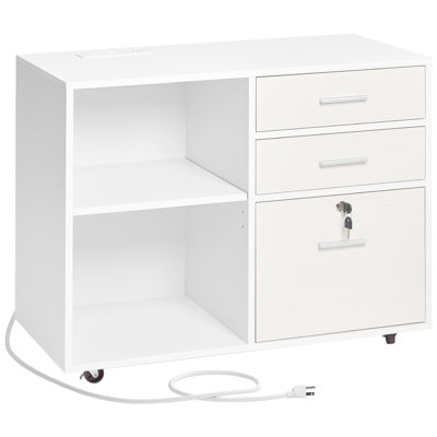 Armoire mobile blanche à 3 tiroirs avec bande - rangement de grande capacité pour documents et imprimantes, compartiment verrouillable, classeur en bois à roulement lisse, rangement idéal pour ranger le bureau, classeur réglable,