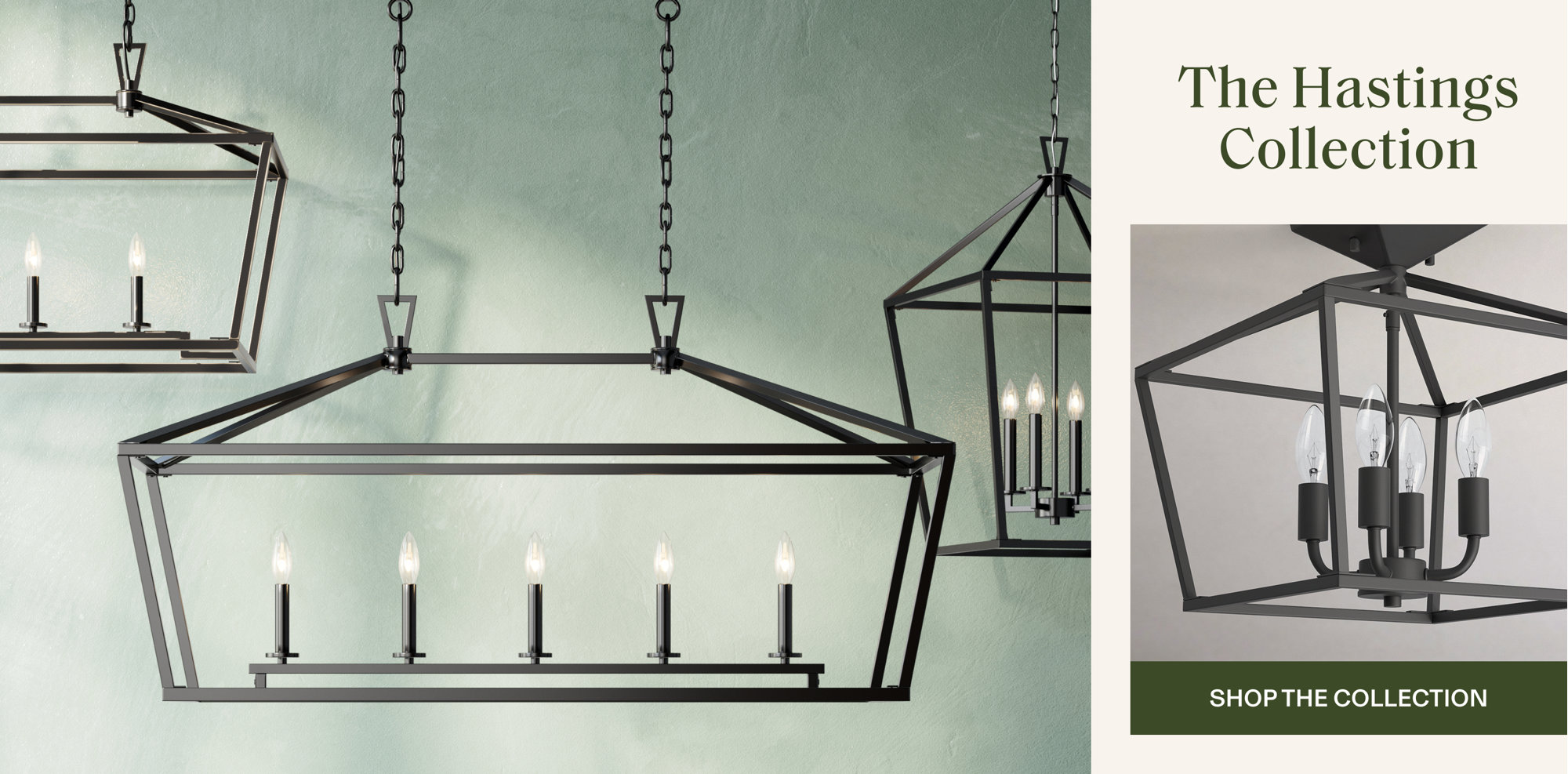 Lantern-style pendant lights featuring open geometric metal frames in various finishes from the Hastings Collection