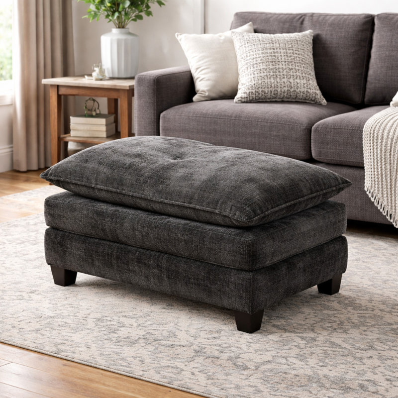 Geneveve Chenille Upholstered Ottoman with Compressed Foam Cushion, Black