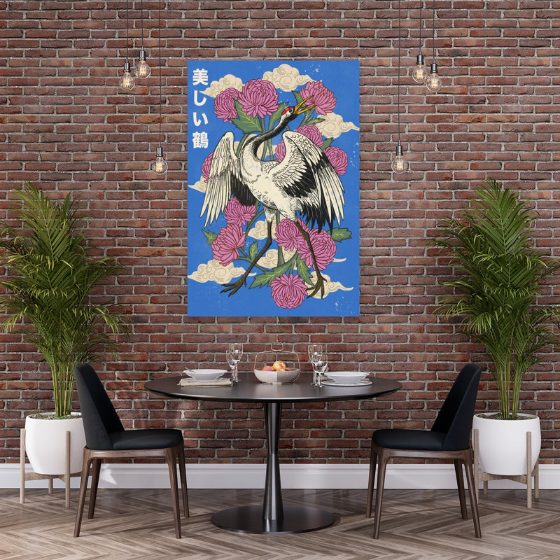 Elegant Japanese Crane Blooms Elegant Traditional Abstract Bird Chrysanthemum Nature Wildlife Wall Art Print 1 Piece Wrapped Canvas Wall Art