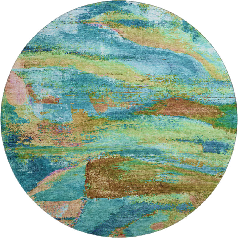 Premium Machine Washable Mayfield AMF2040 Abstract Rug, Teal, 8' Round
