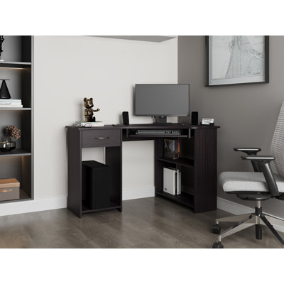 Bureau d'ordinateur en coin EKKO, bureau à domicile en L avec tiroir, tablettes et espace pour unité centrale
