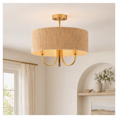 Antique Natural 3-Light Semi-Flush Mount Ceiling Light with Hand-Woven Paper Rope Drum Shade