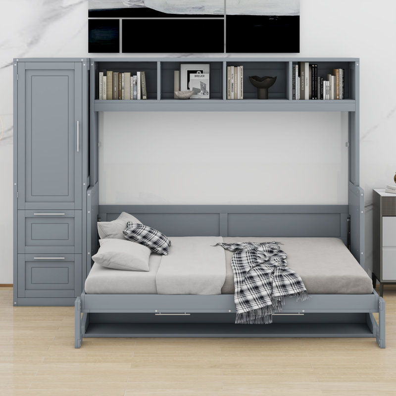 Lit escamotable Murphy avec placard et tiroirs, Gris