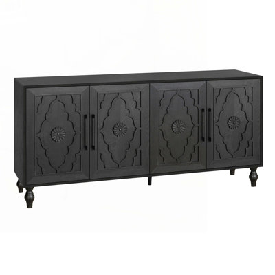 Wood Console Table with Metal Handle ,Carved Flower Door