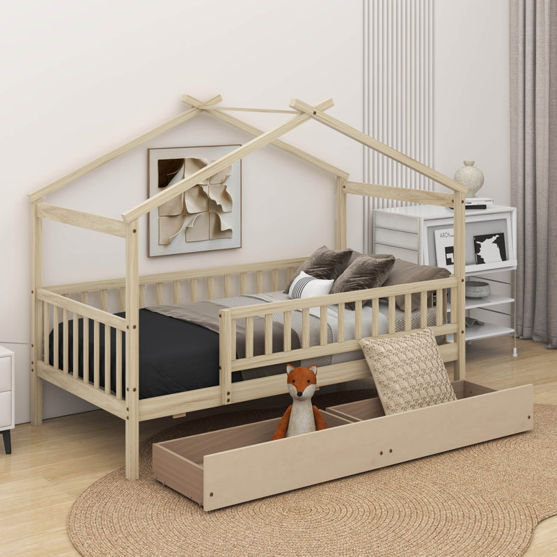Lit en bois avec deux tiroirs, Naturel, Simple