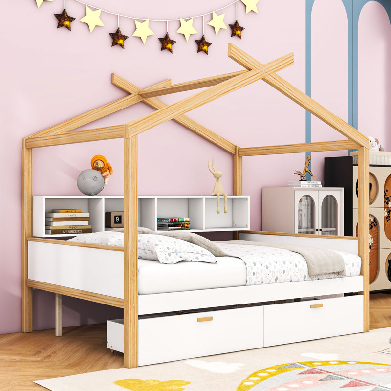 Lit maison en bois 2 tiroirs avec tablettes, Double
