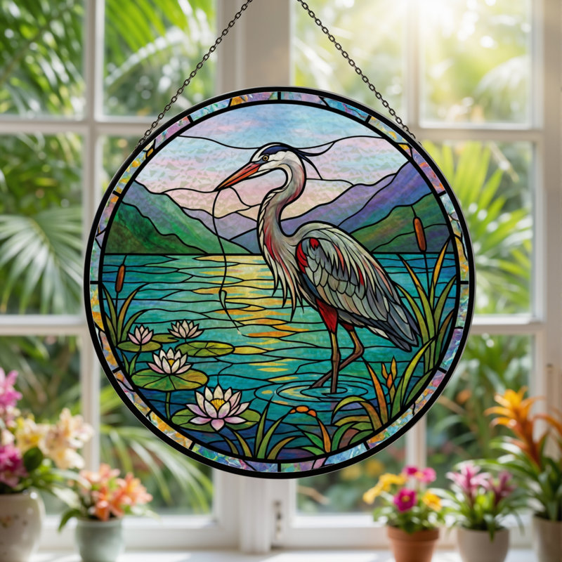 Panneau de vitrail 12 "H Herons Lake, H 12 po x l 12 po