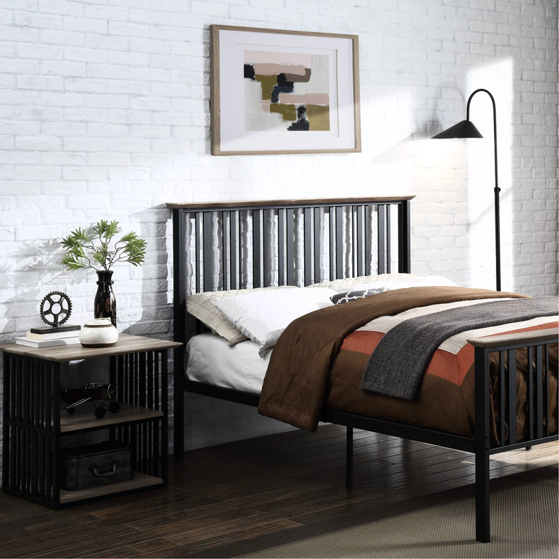 Bedroom Nightstand In Antique Oak And Black With Metal Frame Nightstand: Ideal For Storage