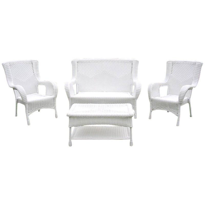 Ensemble de conversation avec canapé en rotin 4 pièces Hishish, Blanc