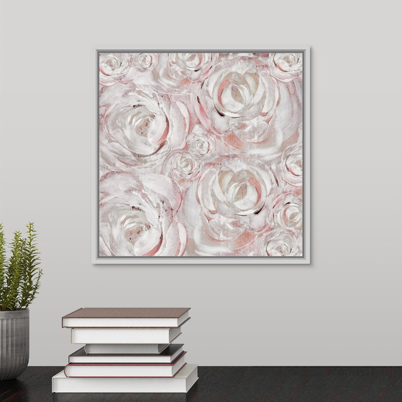 « rosé double iii », peinture sur toile, H 13,7 po x l 13,7 po, Reproduction avec cadre flottant, Blanc