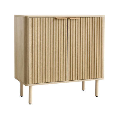 Coffee Bar Cabinet, Mid Century Fluted Coffee Bar Table with 2-Tier Storage, Buffet Stand Cabinet with 2 Barn Door, Sideboard Buffet Station for Living Room, Entryway, 31.5 x 14.7 x 31.5 in, Oak