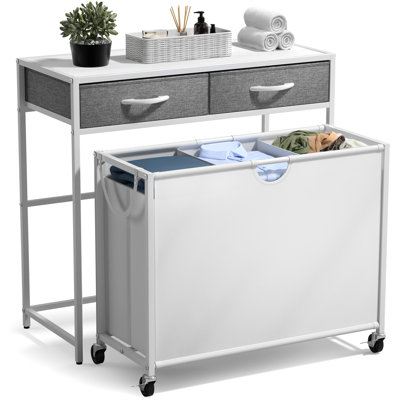 Sorbus Dresser with 3 Section Laundry Hamper Pull-Out with Wheels and 2 Drawers Laundry Room Organization, White/Gray