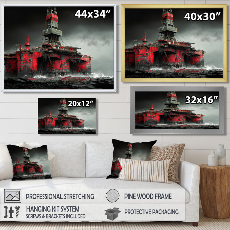 Rouge, noir, hiver, forage, aube, plate-forme pétrolière II, Canevas, H 12 po x l 20 po x P 1 po