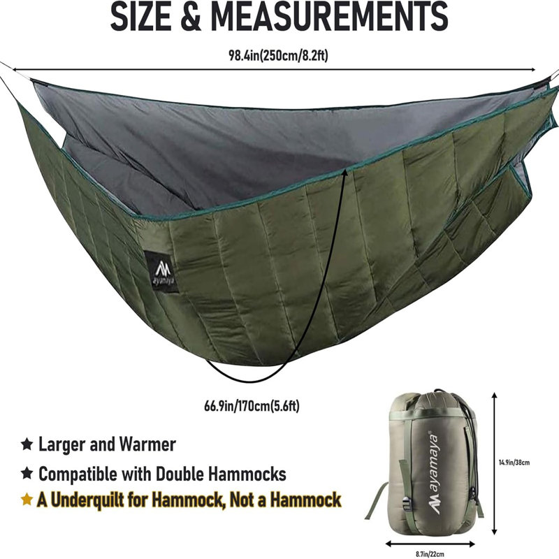 Simple et double hamac encastré pleine longueur pleine longueur sous les courtepointes pour hamacs, sac à dos de camping essentiel, isolation par dessous chaud pour l'hiver par temps froid UQ