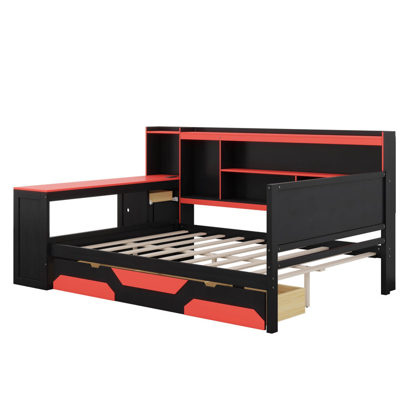 Lit de jour Ultimate Gaming avec bureau intégré, lumières DEL et rangement - Base de lit poste de travail moderne avec station de charge et tête de lit organisée