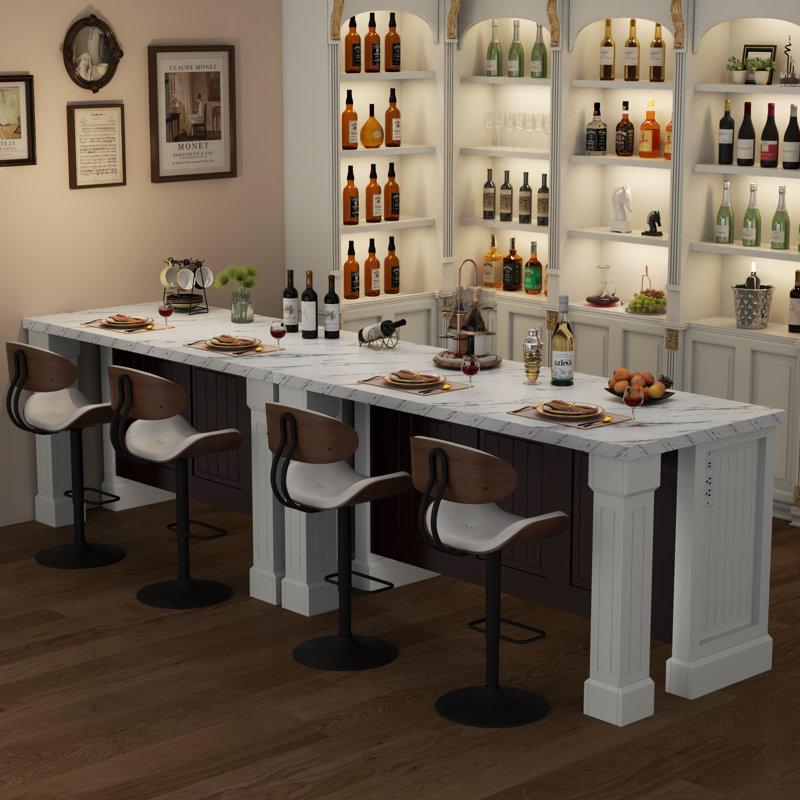 63" Large Imitation Marble Bar Table With Roman Column,Island Table With Charging Station,Mordern Dining Table,Home Bar Unit